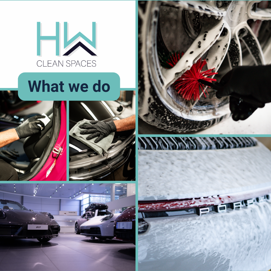 A collage of images relating to car valeting services, with the HW Facilities logo in the top left corner